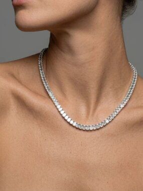 Emerald Cut Lab Diamond Tennis Necklace in 14K White Gold